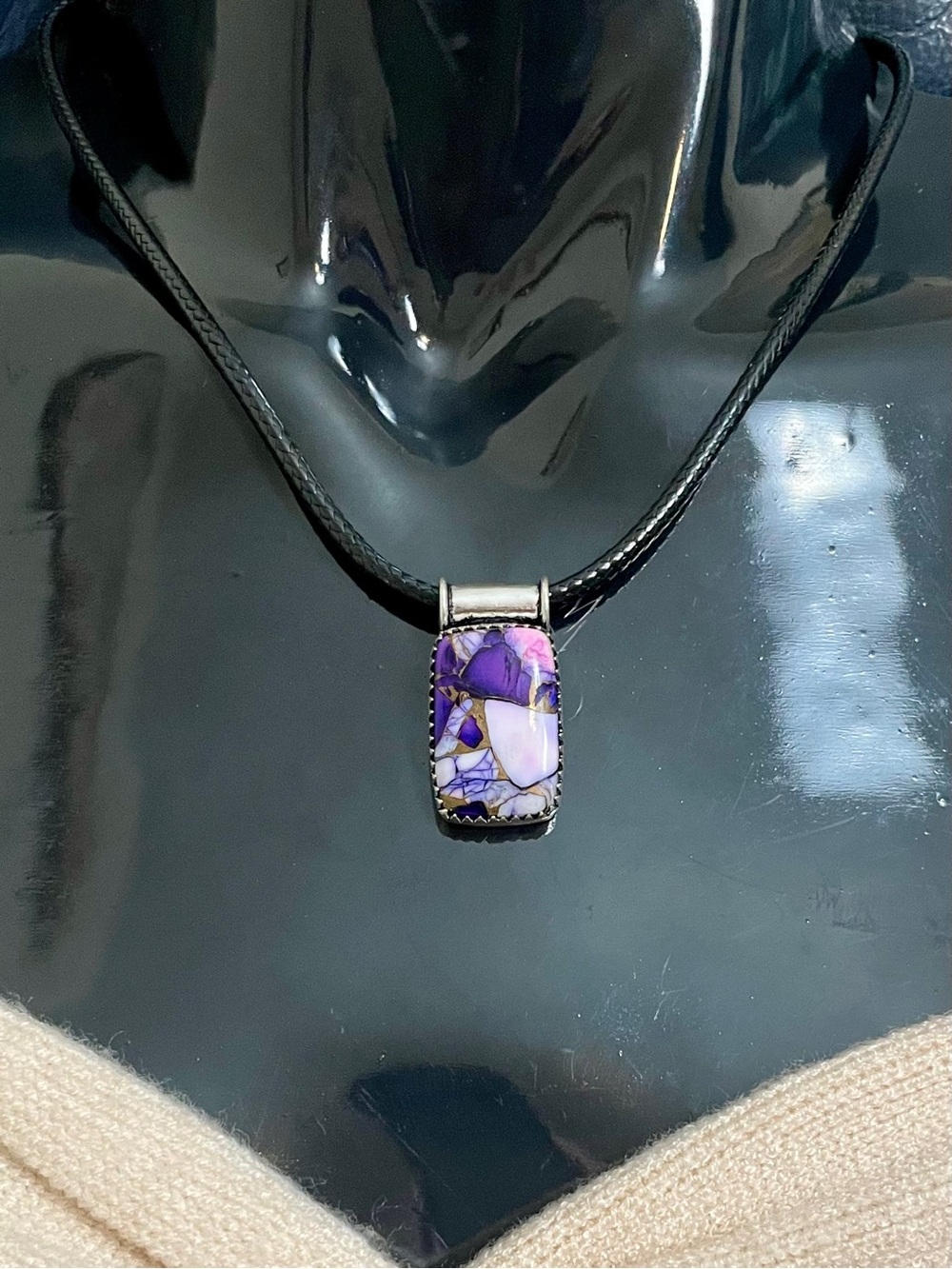Purple Dahlia Turquoise Silver Plated Pendant Necklace on Faux Leather Cord NWOT